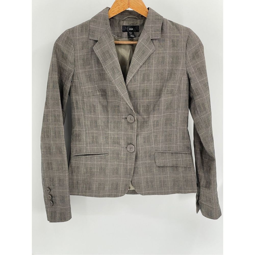 H&M Blazer Women's Size 4 Plaid Brown Cotton Linen Blend Suit Jacket
